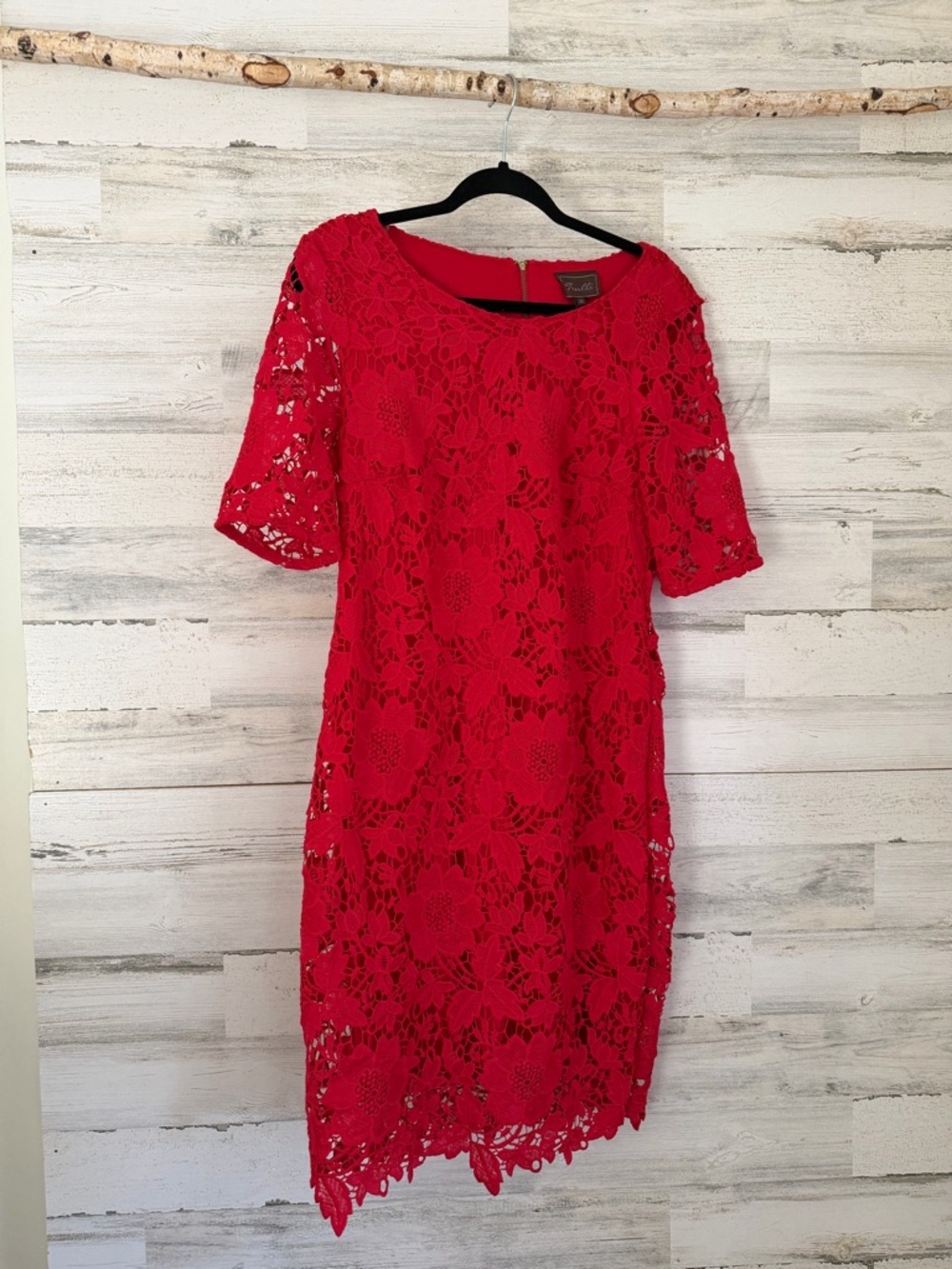Women's Red Lace Midi Dress - Classic Floral Overlay